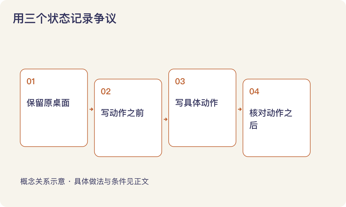 用三个状态记录争议：保留原桌面；写动作之前；写具体动作；核对动作之后